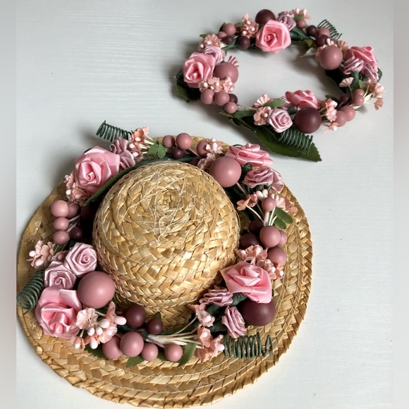 victorian flower wreaths Satin ribbon roses, pinks & green 5 1/2" Set of 2 &hat - Picture 2 of 15